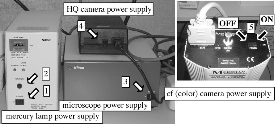 2a. Turning ON the system. 2.1 Power ON Mercury (Hg) arc lamp (if using fluorescence). 2.2 Power ON microscope. 2.3 Power ON CoolSnap HQ high-resolution monochrome camera (if necessary) 2.4.