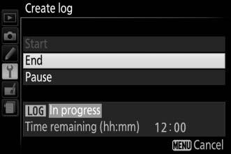 5 End the log. To end the log and save it to the memory card before the selected log length is reached, select Location data > Create log > Log location data, then highlight End and press J.