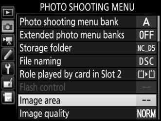 The image area can be selected using the Image area > Choose image area option in the photo shooting menu or by pressing a