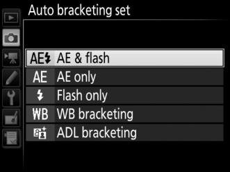 Bracketing Z Bracketing automatically varies exposure, flash level, Active D-Lighting (ADL), or white balance slightly with each shot, bracketing the current value.