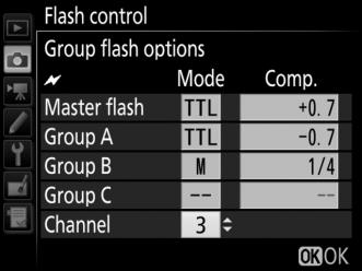Taking Photos The Flash control > Remote flash control item in the photo shooting menu offers three options for remote flash photography: Group flash, Quick wireless control, and Remote repeating.