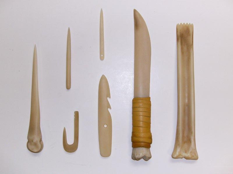 Bone artifact set (Woodland period) Fish hook, harpoon point, skin