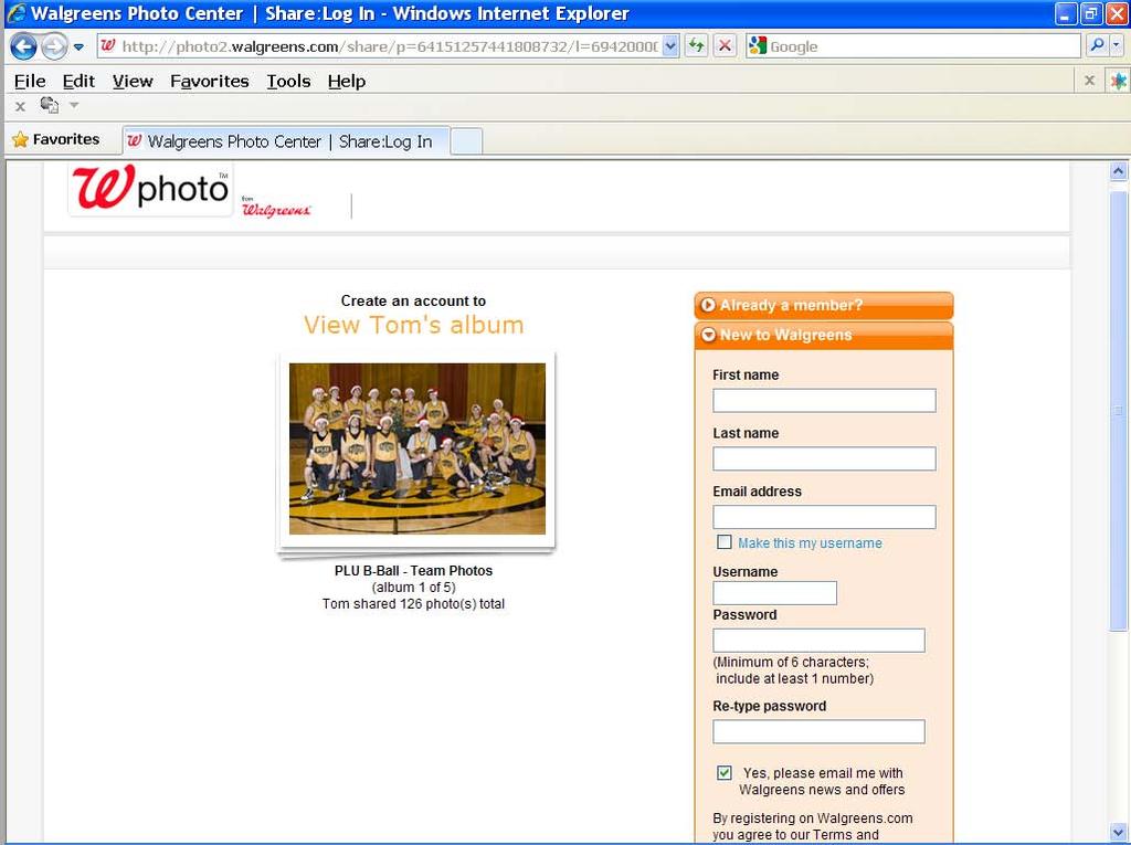 Register for the Walgreens Photo web site from the PLU B-Ball albums log-in