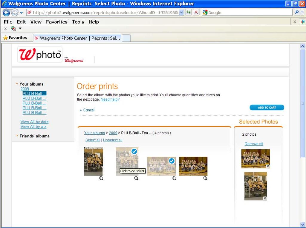 If you open an album to order photos, then click on the photos you want to order.