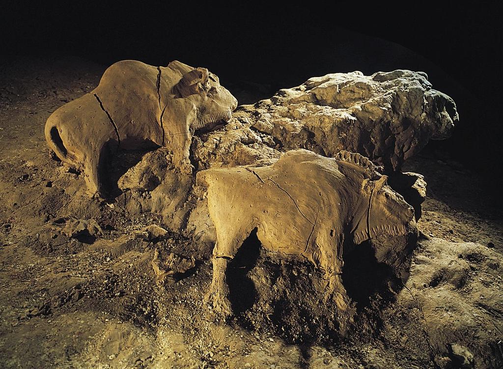 Two bison, reliefs in the cave at Le Tuc D Audoubert, France ca 15000-10000 bce 2 length Paleolithic sculptures created reliefs by