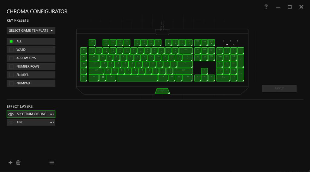 Chroma Configurator Accessible from the Lighting tab is the Chroma Configurator which you can use to create advanced lighting effects for your Razer Chroma-enabled device.