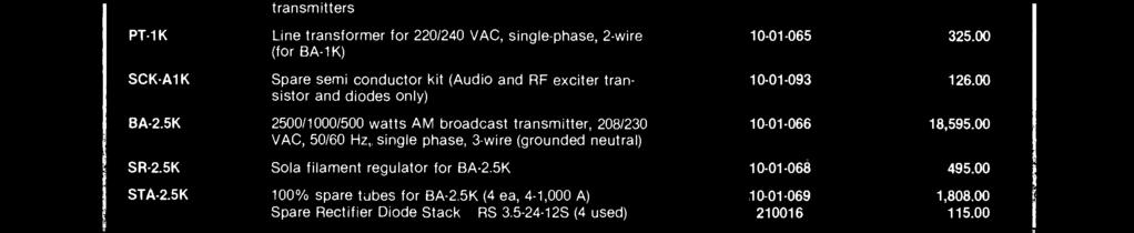 00 VAC, 50/60 Hz, single phase, 3 -wire (grounded neutral) SR-2.5K Sola filament regulator for BA -2.5K 10-01-068 495.00 STA -2.5K 100% spare tubes for BA -2.5K (4 ea, 4-1,000 A) 10-01-069 1,808.