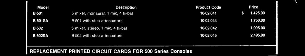 e 500 SERIES AUDIO CONSOLES t Model Description Product Code Price B501 5 mixer, monaural, 1 mic, 4 hi -bal 10. 02.041 $ 1,425.00 B501SA B -501 with step attenuators 10.02.044 1,750.