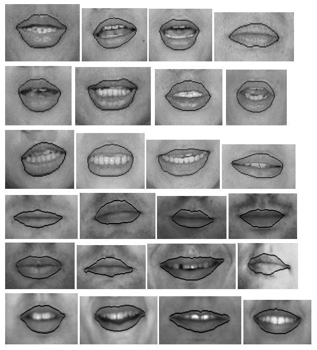 65, respectively. Rows 6 and 7: FEHT segmented lip regions. Row 8: Segmented lip regions using our algorithm.