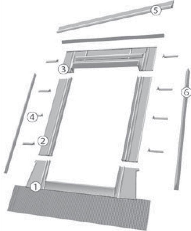 PLEASE NOTE: With existing corrugated roofs, you may have to fix the top flashing (3) to the frame before placing the skylight frame into position.