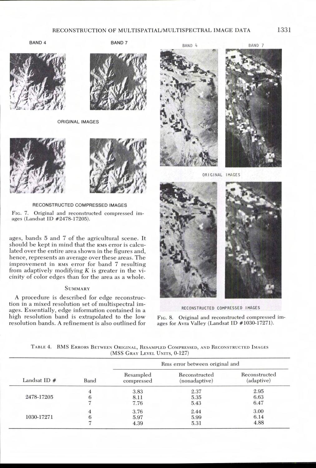 RECONSTRUCTION OF MULTISPATIAIJMULTISPECTRAL IMAGE DATA 1331 BAND 4 BAND 7 BAND 4 BAND 7 ORIGINAL IMAGES ORIGINAL IHACES RECONSTRUCTED COMPRESSED IMAGES FIG. 7. Original and reconstructed compressed images (Landsat ID X2478-17205).