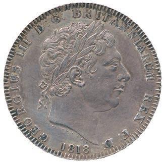 400-500 1722 1723 1722 George III, Silver Crown, 1818 LVIII, laureate head right, PISTRUCCI below on truncation, date below rev St George slaying the