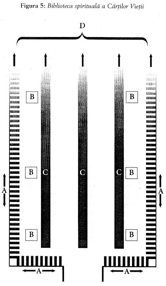 Figura 5 A: Rafturi de-a lungul pereţilor într-o structură dreptunghiulară. B: Piedestaluri pentru arhivarii şi ghizii care asistă sufletele pentru a-şi localiza cărţile potrivite.