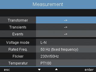 11. 3 Measurement You can configure the following in the measurement menu: The measuring transducer for current and voltage measurement Recording transients Recording events The relevant voltage The