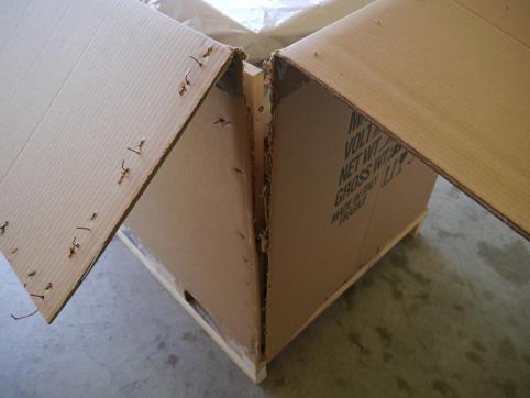 MiniMax s export packaging uses a combination of timber braces, cardboard and staples to secure the box to the pallet.
