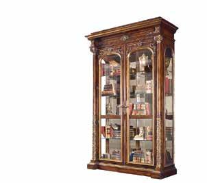 Behind glass doors are six adjustable glass shelves with plate grooves, two fixed wood shelves with glass inserts, and two canister lights with an adjustable