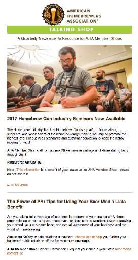 Talking Shop is the AHA s quarterly e-newsletter where we share data from industry surveys, aggregated industry forum discussion and best practices for operating a successful Talking Shop