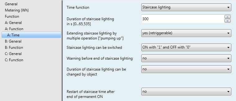 3.2.5.1 Parameter window A: Time In this parameter window, all settings for the function Time are undertaken: Switching ON and OFF delay, Staircase lighting and Flashing.