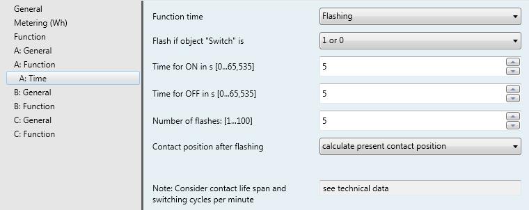 The following parameters appear with the selection Flashing: The output starts to flash as soon as the parameterized value is received in the communication object Switch.