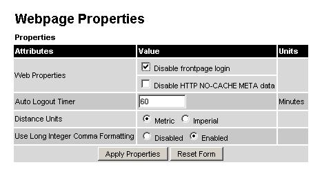 Figure 72 - Webpage Properties WEB Properties: Disable Front Page Login Allows access to homepage and status page web pages without forcing a login as the system administrator.