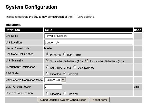 8.3.1 System Configuration Page The configuration page (Figure 29) is used by the system administrator to configure the PTP 400 Series Bridge.