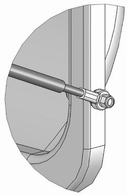 Insert a 3/8 bolt, thru a 3/8 washer from inside the catcher door. Place a washer and rod end on the outside of the door over the hole and insert the bolt thru the holes. Fasten with a 3/8 nylock nut.