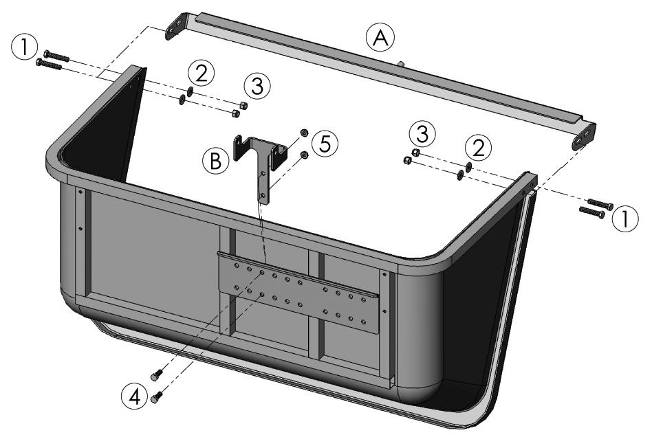STEP 2: (A) Catcher Hinge Assembly (B) 212 Hinge Bracket (1) 3/8 x 2 hex head bolt (x4) (2) 3/8 washer (x4) (3) 3/8 nylock nut (x4) (4) 3/8 x 1 hex head bolt (x2) (5) 3/8 serrated flange nut