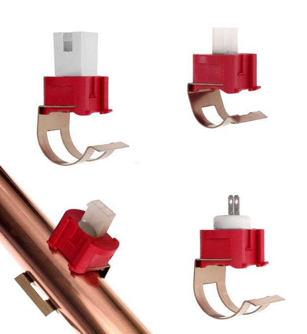 CLIP-ON TEMPERATURE SENSOR TSC-Series FEATURES Easy mounting Short response time High measuring accuracy Bracket for Ø15, 18, 22, 28 mm pipes EN 60730-2-9 approved DATASHEET OPTIONS Dual sensor (2 x