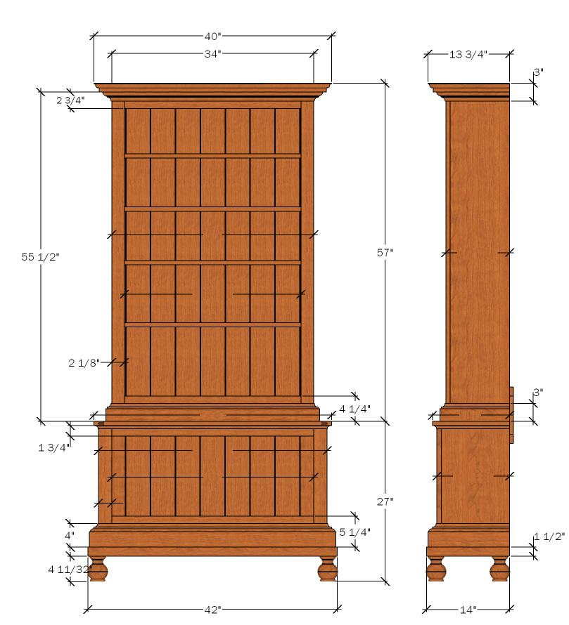 Orthographic Views 34 10 3/4 29 3/4 40 13 38 1/2 34 12 1/4 2 1/4 The bookcase is designed so large books can be stored in the lower cabinet with smaller items going above.