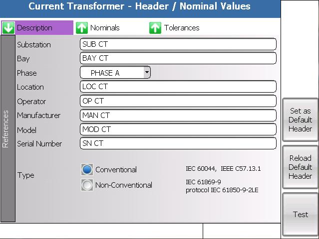 The following image exhibits the Power Transformers Header and Nominal Values page (tab