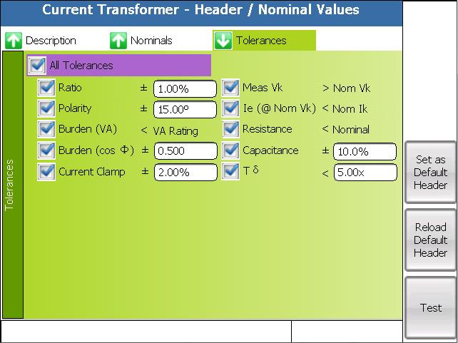 The following image exhibits the tab Tolerances : Figure 10 - "Current Transformers/Header and Nominal Values" page (tab Tolerances) The page allows setting the tolerances for each of