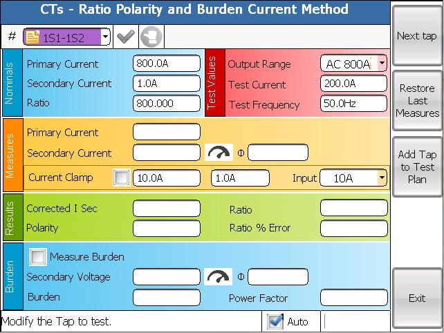For instance, the following image exhibits the CTs Ratio Polarity and Burden Current Method page: Figure 12 - "CTs Ratio Polarity and Burden Current Method" page As the test programming is finished,