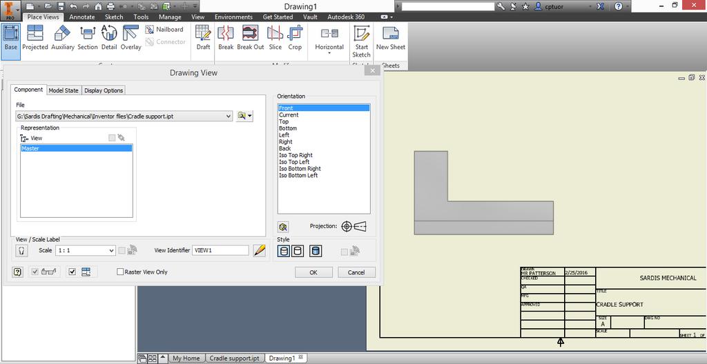 16. Move the Drawing View dialogue box to the left and Pan the Sheet so that you can see the left half of it.