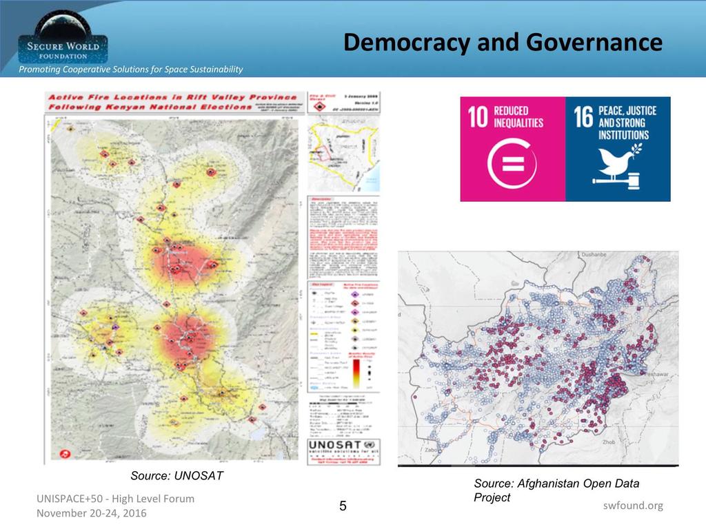 As seen in slide 5, remote sensing data has been used to document the election itself and improve public confidence in outcomes.