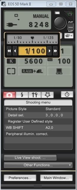 The user can see the camera's settings at a glance and make changes by double-clicking a control value and then using the arrow buttons to change the value up or down.