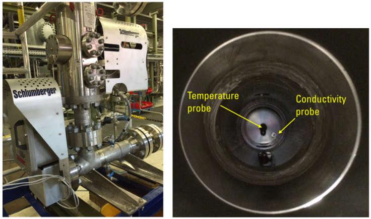 Fig. 10 Right: the typical probe setting inside the blind-tee; left: upgrade of an MPFM with the modular conductivity probe system. 4 SALINITY MEASUREMENT AND THE TRUE PROBLEM 4.