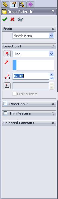 b. Click on the Features tab, on the Command Manager Tool Bar. c. Click the Extrude Boss/Base Button d.