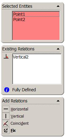The property manager displays the relations valid for the selected geometry Add a Vertical Relation, choose