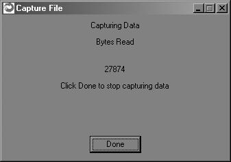 After naming the file and clicking on OK, the Capture Data window opens and shows the amount of data being received. Clicking on Done stops the loading of received data into the file. 7.2.