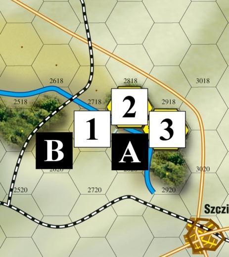 b) Soviet mechanized brigade enters hex adjacent to Romanian cavalry which is on swamps. Soviet ZoC does not extend onto swamps but since Soviets are in Romanian ZoC the cavalry must be attacked.