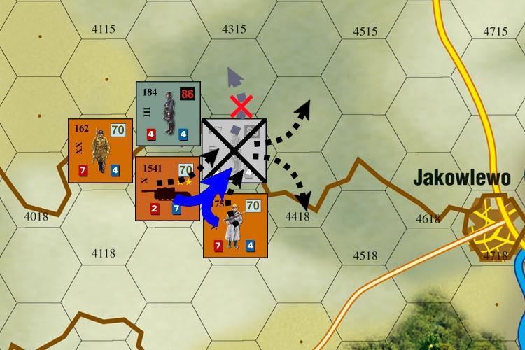 Defending German 167 Regiment received combat result D4. It retreated by 3 hexes. In this situation pursuit can be made by up to 3 hexes and first hex must be the one emptied by defender. 5.4.7 Pursuit is not limited by MPs unit has but it cannot enter impassable terrain or leave the map.
