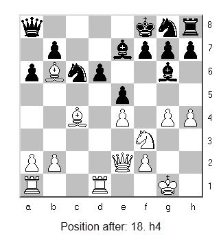 Despite being a pawn down, the FICS Annotator likes White better here by +1.11. 11. Nd5 Qd8 12. Be3 Bg4 13. Bb6 Qc8 14. Nc7+ Kf8 15. Nxa8 Qxa8 16. h3 Bh5 17. g4 Bg6 18.