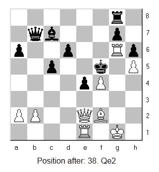 30. Bf2 f5 31. f4 e4 32. gxf5+ Bxf5 33. Rg3 Rg8 34. Nf3 c5 35. Nh4 Qc6 36. Nxf5 Kxf5 37. Rg6 Qb7 38. Qe2 Threatening Qg4#... but Black can play e3 to make an escape hole. So, 38.