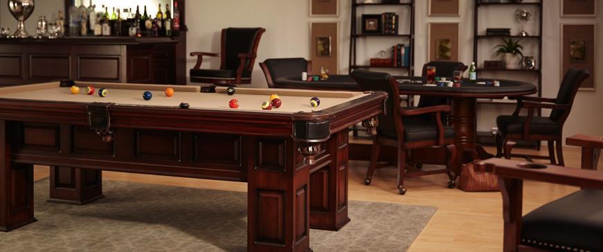 Utilizing Pool Tables as the centerpiece of each Game Room, our customers have an opportunity to outfit the room of their dreams with functional, coordinating furniture such as home bars, pub tables,