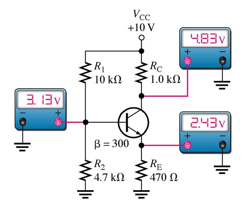 R1 Open With no bias the transistor is in cutoff. Base voltage goes down to 0 V.