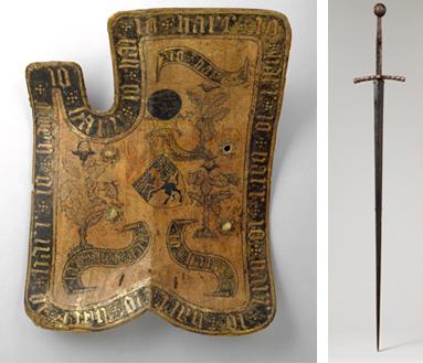Left: Horseman's Shield (Targe), early 15th century. Probably Austrian. Wood, leather, gesso, silver foil, polychromy. The Metropolitan Museum of Art, New York, Gift of Clarence H. Mackay, 1930, (30.