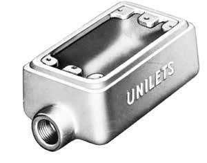 UNILETS for use with Threaded Rigid Conduit and IMC. All Device Boxes have Construction. Furnished with Internal Ground Screw. Applications Accommodate wiring devices such as switches and receptacles.
