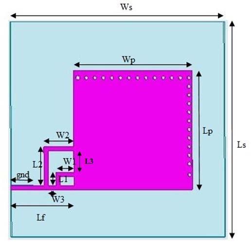 Figure-2. Strip loaded antenna geometry. Table-1. Proposed antenna dimensions. Parameters Ws Ls Wp Lp W1 L1 gnd W2 L2 Lf G ds W3 L3 Dimensions(mm) 50 50 27.7 27.7 4.175 3 5 7 9 14.