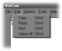 WinCom s menu structure is typical of Windows conventions with File, Edit, Options, Tools and Help selections.
