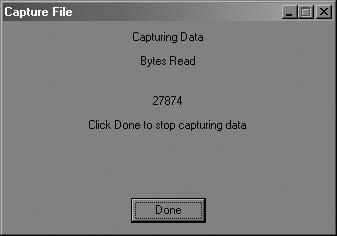 After naming the file and clicking on OK, the Capture Data window opens and shows the amount of data being received. Clicking on Done stops the loading of received data into the file. 7.2.